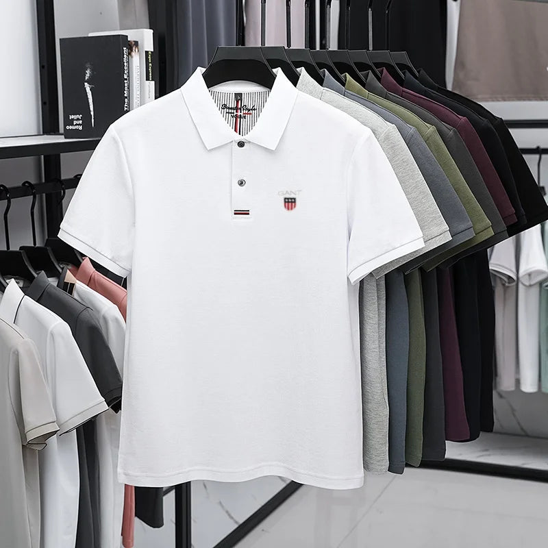 Polo d'été brodé de haute qualité pour hommes, chemise à manches courtes en pur coton respirant et décontracté pour affaires