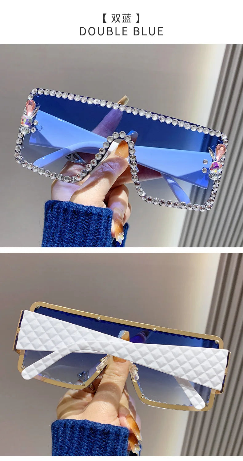 Lunettes de soleil une pièce pour femmes, grande monture rectangulaire incrustée de diamants, avec diamants d'eau