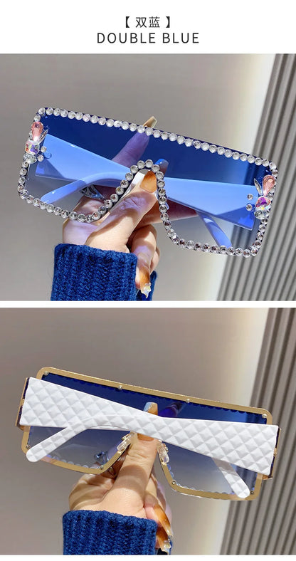 Lunettes de soleil une pièce pour femmes, grande monture rectangulaire incrustée de diamants, avec diamants d'eau