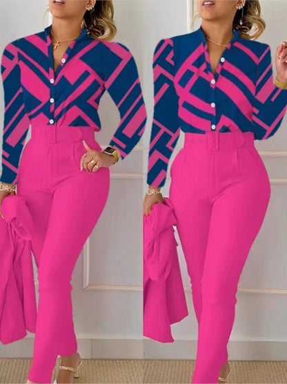 Chemise à manches longues et col en V pour femmes, ensemble 2 pièces, imprimé automne, haut décontracté, taille haute, poches, travail, vêtements féminins, pantalon, 2024