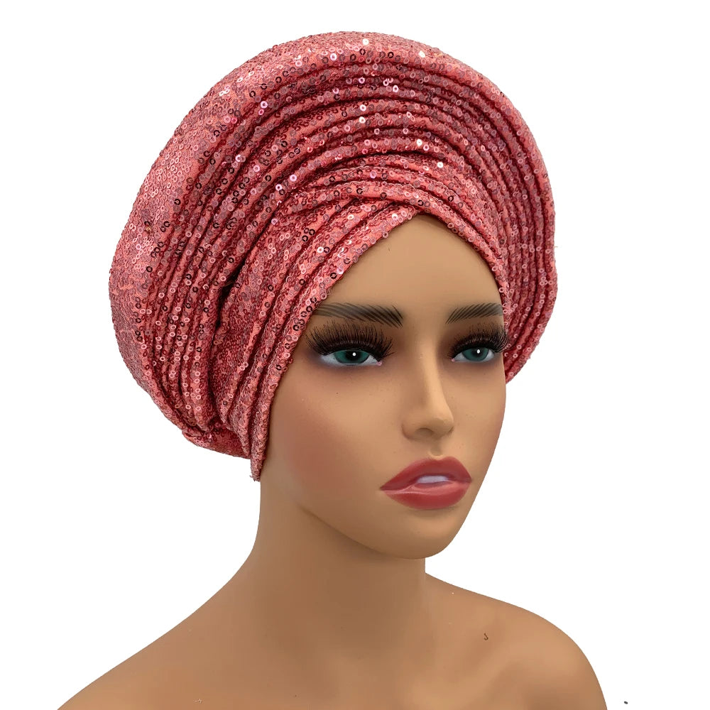 Paillettes Autogele Turban casquette pour femmes prêt africain Auto Gele casque Nigeria mariage Geles femme bandeau dame casque