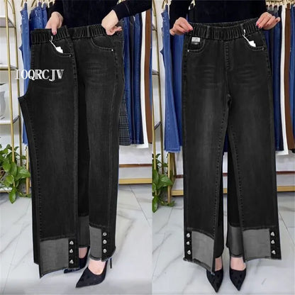 Jean femme d'âge moyen printemps automne taille extensible pantalon en Denim droit grande taille ample taille haute décontractée noir bleu pantalon
