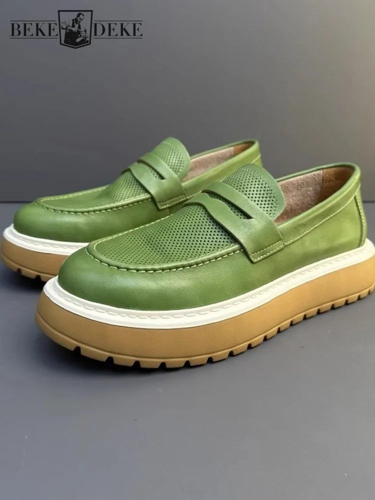 Mocassins en cuir de vachette à plateforme vintage pour hommes, chaussures en cuir véritable, respirant, évider, décontracté, conduite, affaires, été