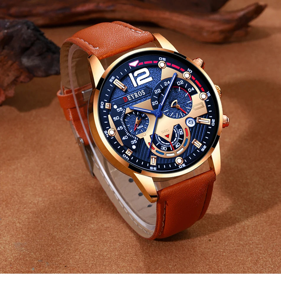 Ensemble de montres à calendrier pour hommes, montre à quartz en cuir marron, bracelet décontracté, luxe, affaires, mode masculine, 2 pièces
