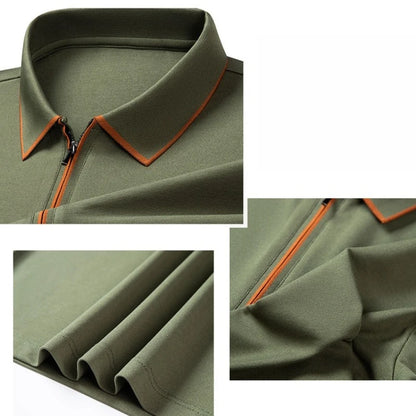 Polo en soie à fermeture éclair pour hommes, T-Shirt à manches courtes en mûrier avec fermeture éclair en métal, col montant, haut d'été décontracté de luxe en coton et lin