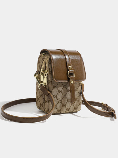 Petit sac rond à croix diagonale à carreaux pour femmes, sac à bandoulière rétro contrasté