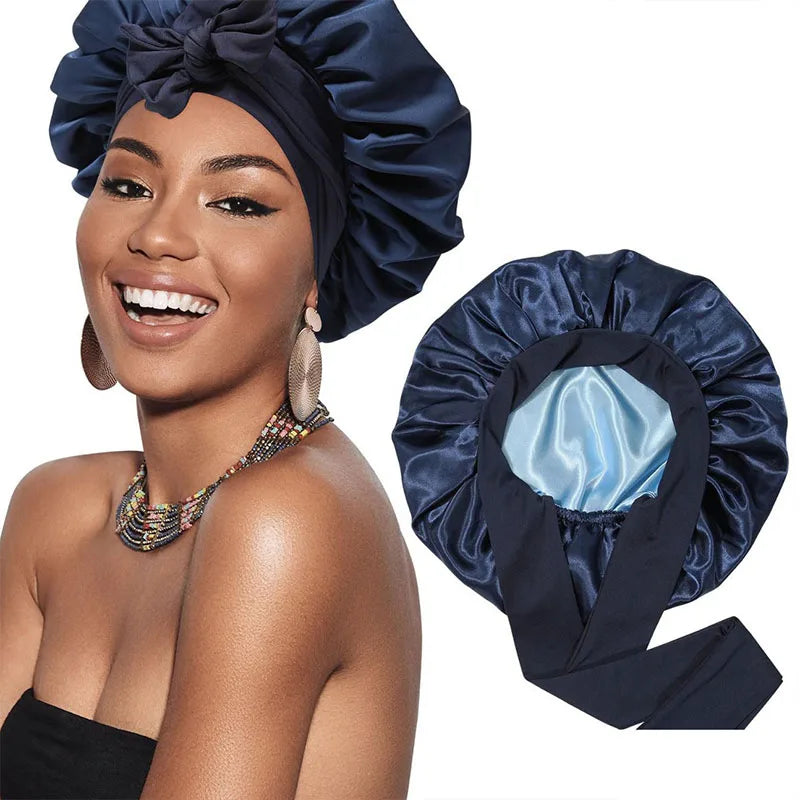 Bonnet de Nuit en Satin à Double Couche pour Femme, Couvre-chef Réversible, Soins Capillaires Ronds, Vêtements de Sauna