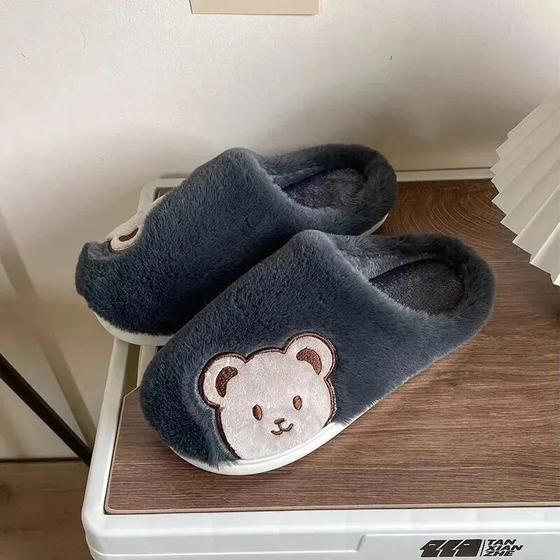 Ours en peluche pantoufles pour femmes hommes mode Kawaii moelleux hiver chaud pantoufles amoureux dessin animé ours en peluche maison chaussures TG03