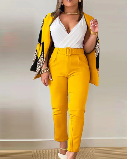 Ensemble de travail deux pièces avec ceinture pour femme, blazer à col à revers, manteau cardigan, pantalon, lettre imprimée, mode, bureau imbibé, automne, hiver