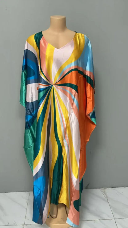 Robe confortable grande taille pour femmes, imprimé Floral, taille ample, jupe longue, manches chauve-souris, col en V, longueur cheville, mode élégante