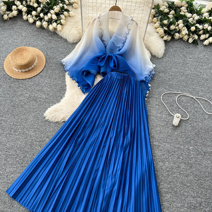 Miyake pli changement progressif couleur bord ondulé costume soleil jupe plissée à la mode et élégant deux pièces ensembles tenues pour femmes