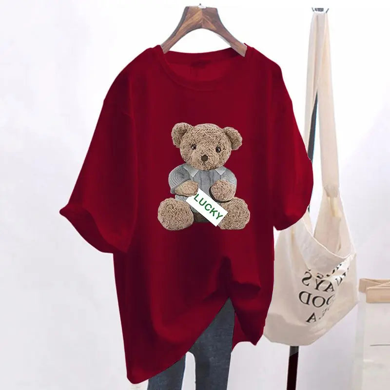 Mode d'été Animal ours imprimé T-shirts de base femmes décontracté pur coton col rond à manches courtes haut t-shirt bureau dame pulls amples