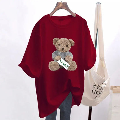 Mode d'été Animal ours imprimé T-shirts de base femmes décontracté pur coton col rond à manches courtes haut t-shirt bureau dame pulls amples