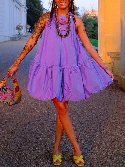 Krisstargirl femmes été bulle Mini robe 2025 taille haute sans manches jupe évasée coton robes courtes décontractées pour femme