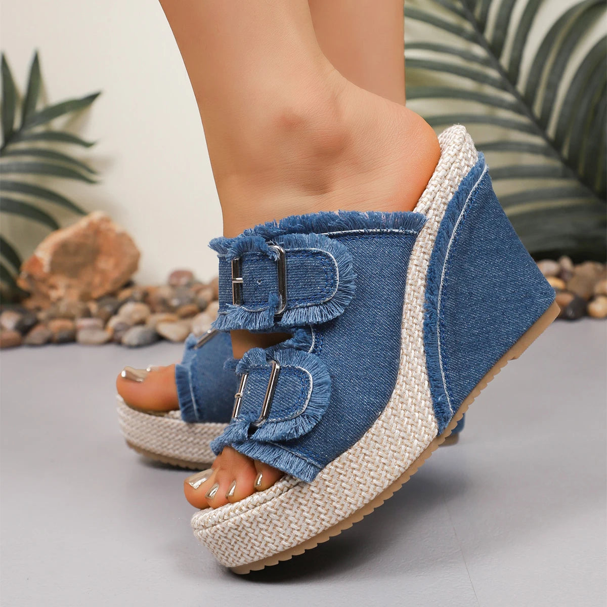 10CM talons compensés plate-forme femmes sandales Summe paille tissage semelle épaisse Denim pantoufles mode décontracté Double boucle sangle diapositives