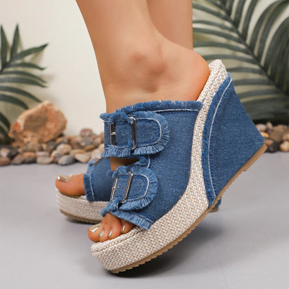 10CM talons compensés plate-forme femmes sandales Summe paille tissage semelle épaisse Denim pantoufles mode décontracté Double boucle sangle diapositives
