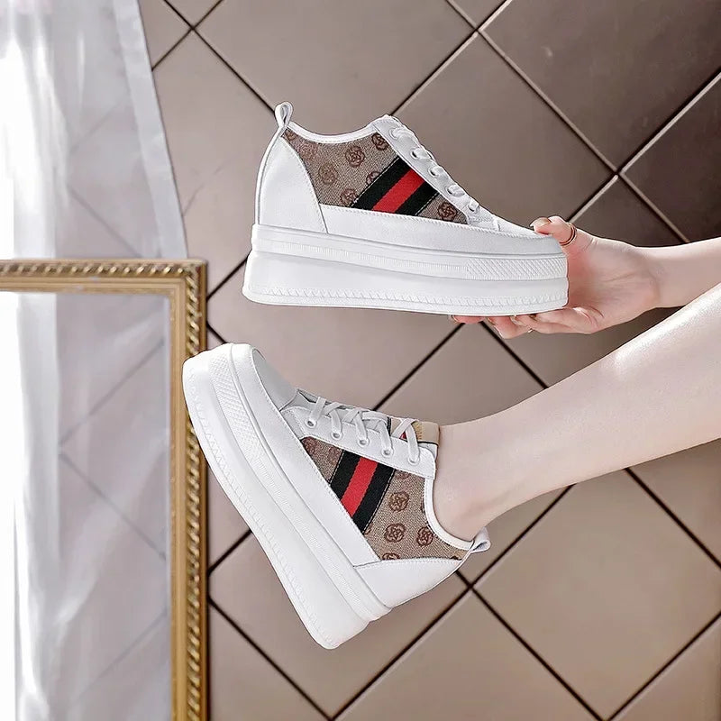 9cm femmes chaussures grosses baskets Air maille évider en cuir véritable blanc chaussures compensées plate-forme talon pompes Mujer Bombas