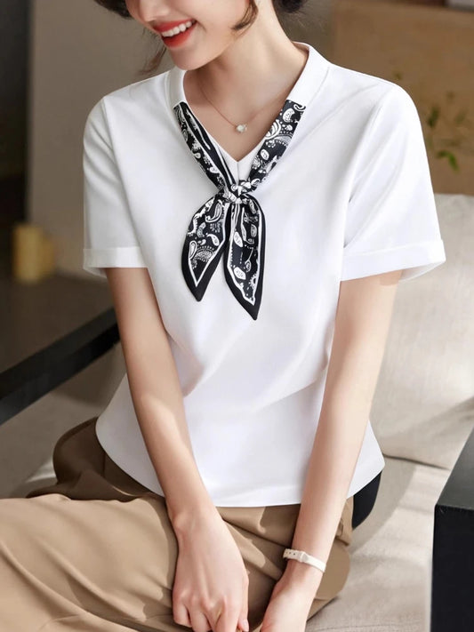 T-Shirt à manches courtes et col en V pour femme, écharpe structurée, épaules froncées, cravate à la taille, amincissante, nouvelle collection 2025