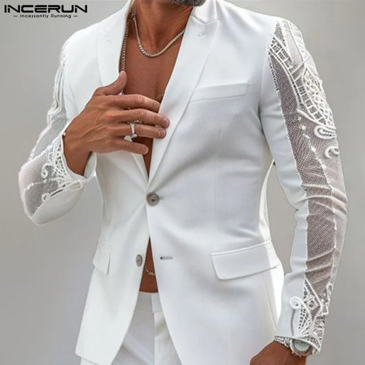 INCERUN hauts 2024 Style américain mode hommes Perspective dentelle épissage conception costume manteaux décontracté solide à manches longues Blazer S-5XL