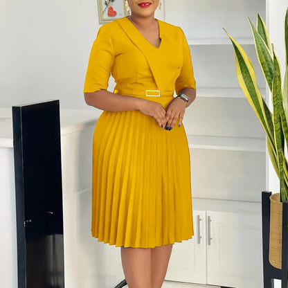 Robe plissée mi-longue en polyester à manches courtes et col en V pour femmes, vêtements africains, robe élégante, fête de mariage, été, Dashiki, 2025