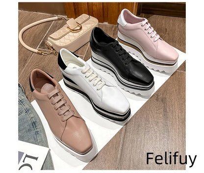 Baskets Blanches en Cuir de Vache pour Femme, Chaussures à Semelle Optique, Décontractées, à Lacets, Confortables, d'Extérieur, de Styliste, Printemps 2024