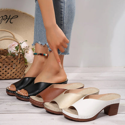 Pantoufles à talons hauts et bout ouvert pour femmes, nouvelle mode d'été, vêtements d'extérieur, chaussures à enfiler, tailles 36 à 43, amorti supérieur en polyuréthane