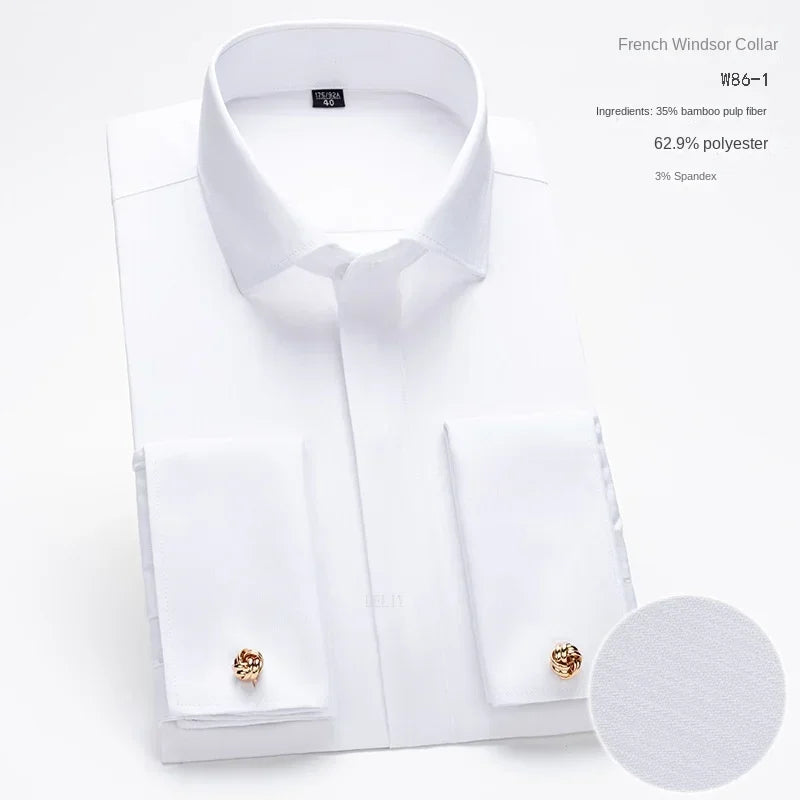 Chemise à manches longues pour hommes, Niche Chic, manches doubles pliées, col Windsor, robe de haute qualité, boutons de manchette français aléatoires, 2024