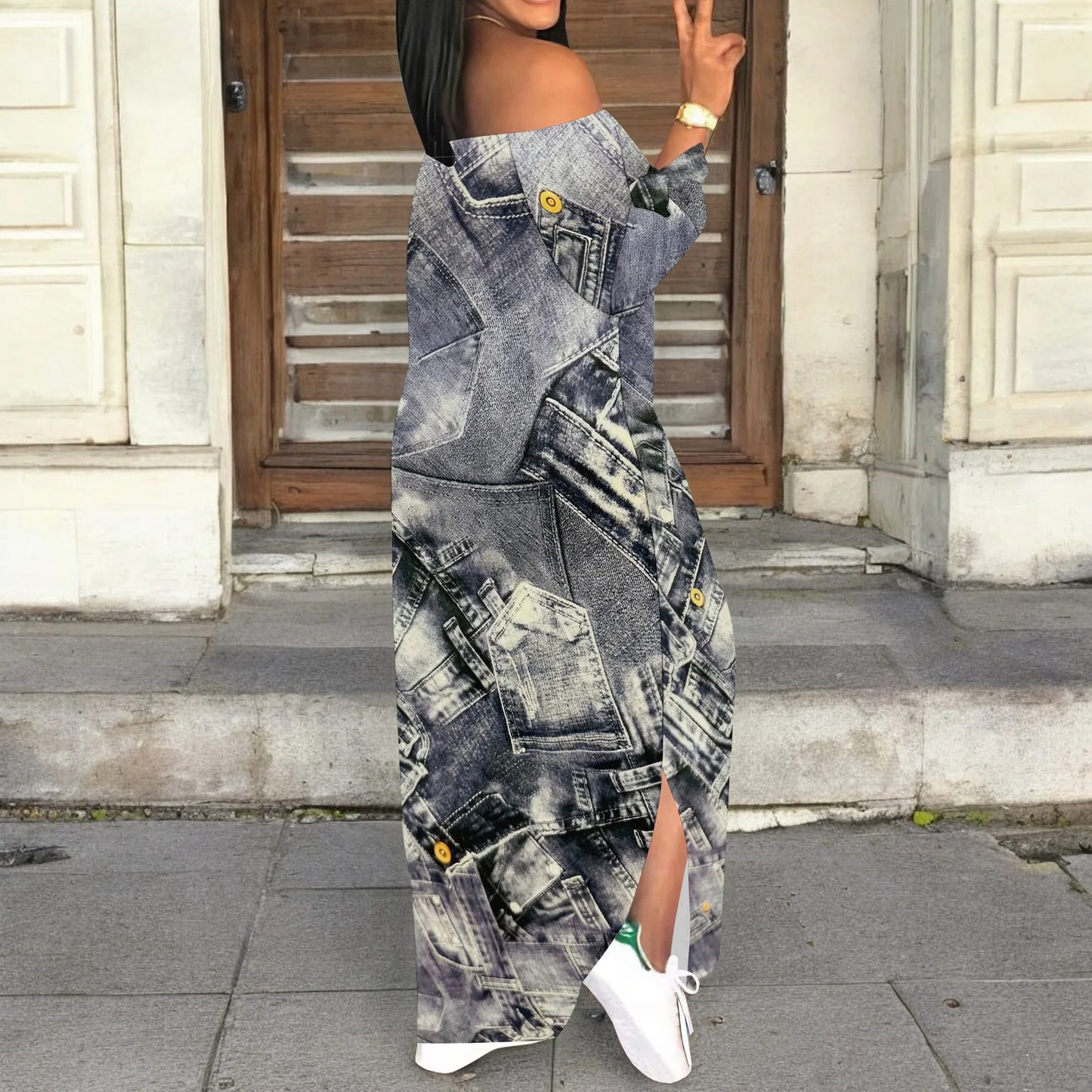 Robe en jean imprimé rétro, manches longues, coupe cintrée, élégante, décontractée, fente, col à une épaule