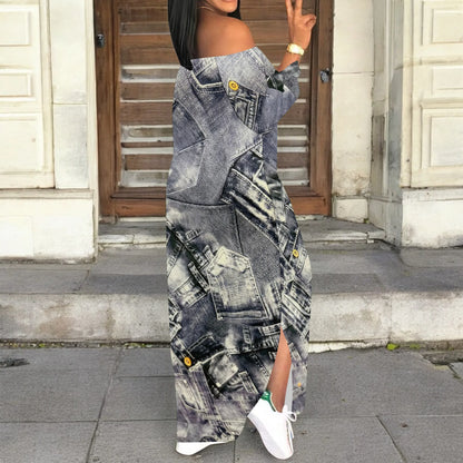 Robe en jean imprimé rétro, manches longues, coupe cintrée, élégante, décontractée, fente, col à une épaule