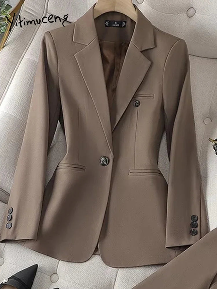 Costume Blazer Bleu Décontracté pour Femme, Tenue de Bureau, Manches sulf, Veste à Bouton Unique, Ensemble 2 Pièces, Chic, Mode, Pantalon, Élégant