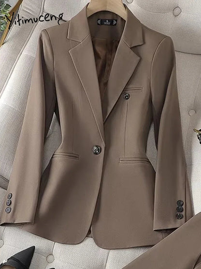 Costume Blazer Bleu Décontracté pour Femme, Tenue de Bureau, Manches sulf, Veste à Bouton Unique, Ensemble 2 Pièces, Chic, Mode, Pantalon, Élégant