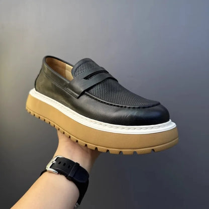 Mocassins en cuir de vachette à plateforme vintage pour hommes, chaussures en cuir véritable, respirant, évider, décontracté, conduite, affaires, été