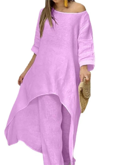 BERAKAH SUPREME - Ensemble pantalon Long en coton et lin pour femmes, mode solide, décontracté, hauts irréguliers, jambes larges, costumes de bureau, ensemble deux pièces, vêtements