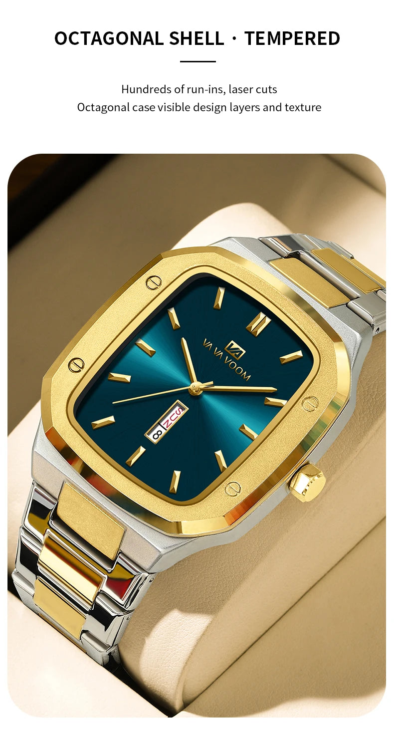 2024 Nouveaux hommes montre mode carré bracelet en acier inoxydable bleu or 3Bar Quartz semaine calendrier simulé affaires sport montre-bracelet