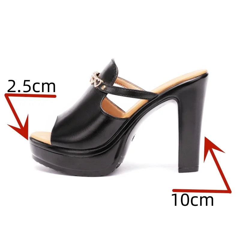 Chaussures à talons hauts de 10cm pour femmes, chaussures à plateforme, pantoufles d'été à semelle épaisse en cuir avec cœur épais, pour bureau et mariage, 2025