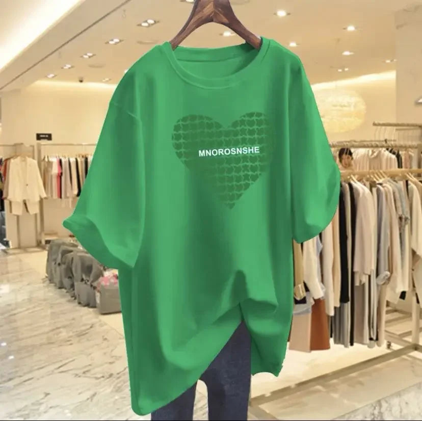 T-shirt à manches courtes en coton imprimé Love pour femmes, t-shirts basiques décontractés à col rond, pulls Lady At, été