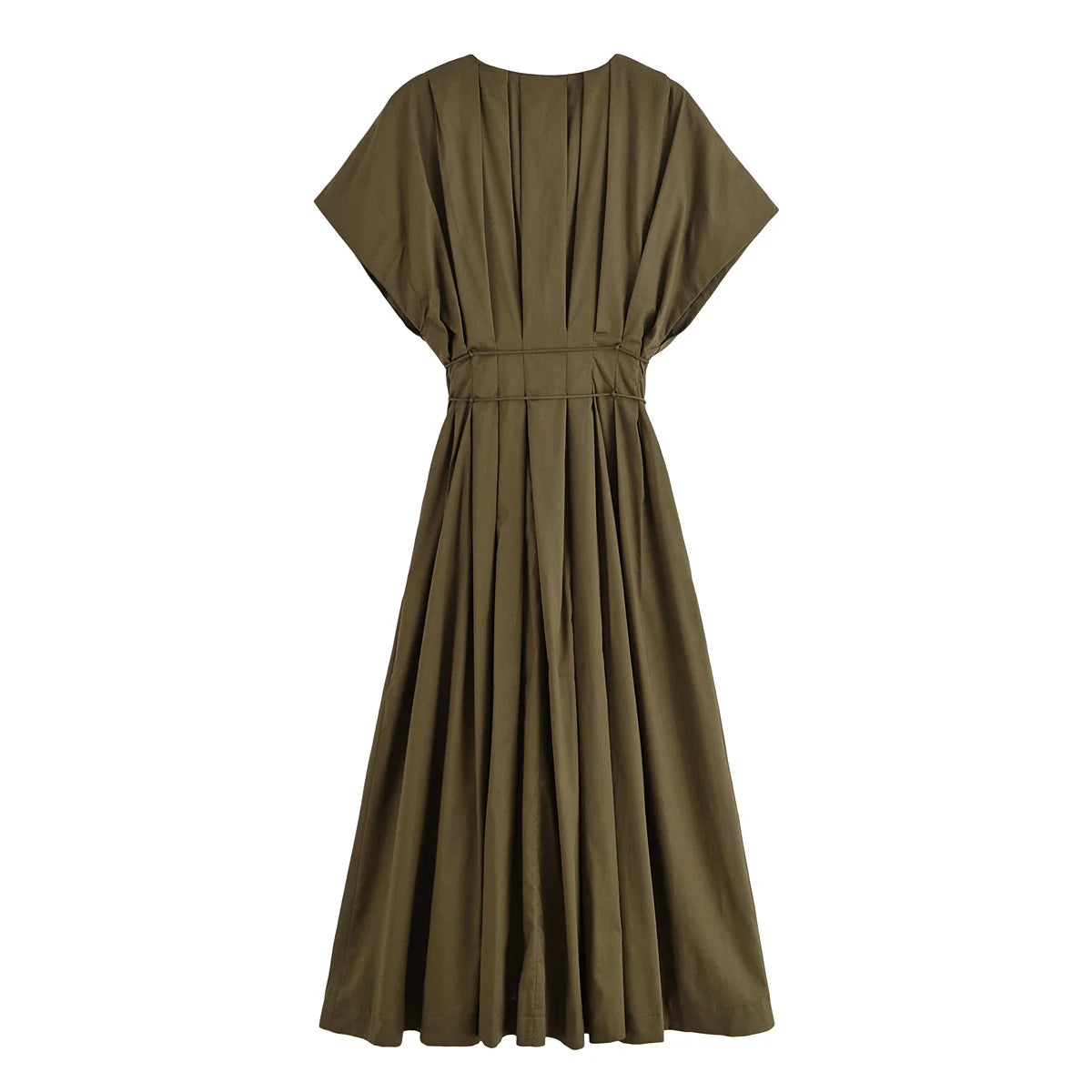 TRAFZA femmes mode d'été col en v à lacets Midi robe à manches courtes femme élégante dos nu plissé Sexy taille longue robe