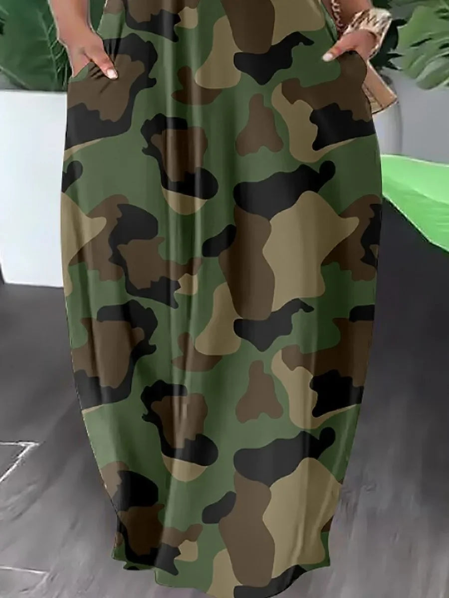 CamSolomon-Robe Longue à Manches Courtes pour Femme, Tenue Maxi Décontractée, Col Bouffant, Longueur au Sol, Nouveauté Été