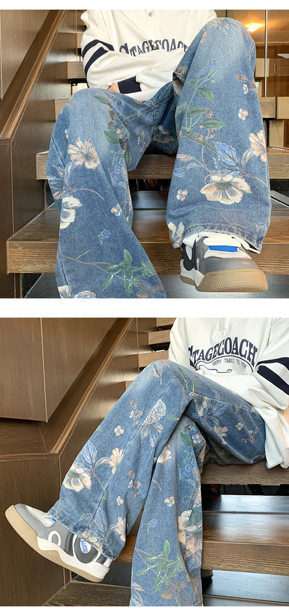 PO gy-Jean à imprimé floral pour homme, pantalon en denim, jambe large, style coréen, rue haute, adt fjHop, automne, 2024