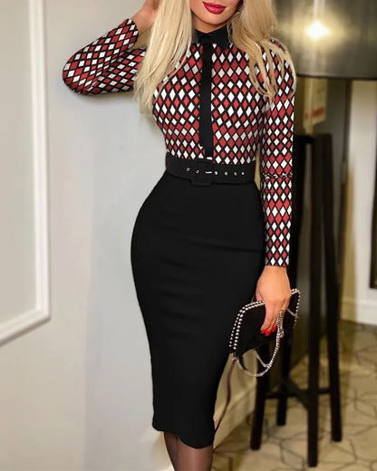 Robes moulantes élégantes à pois pour femmes, coupe en V, manches longues, taille haute, ceinture, bureau, robe de soirée à la mode