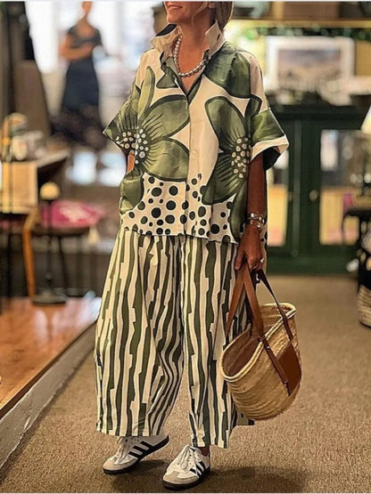 2025 femmes décontracté nouvelle impression ample deux pièces ensembles 2025 printemps et été revers manches courtes ensemble femme mode 2 pièces ensemble