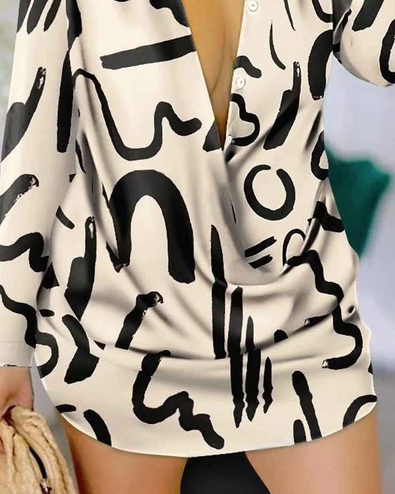 Printemps automne mode lettre imprimer à manches longues chemise Robe Robe femmes col rabattu boutons avant robes décontractées femme 2024