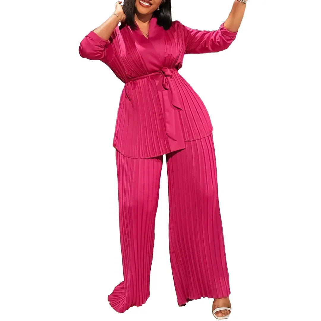 Ensemble deux pièces pour femmes africaines, mode d'été ample et plissé, chemise élégante à lacets OL, jambes larges, pantalon plissé