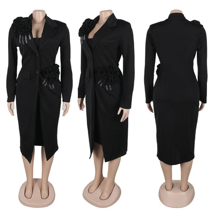 Blazer long à manches longues pour femmes, manteau et robe longue trempée, streetwear de printemps, tenues de travail de l'avocat africain, ensemble de 2 pièces, 2025