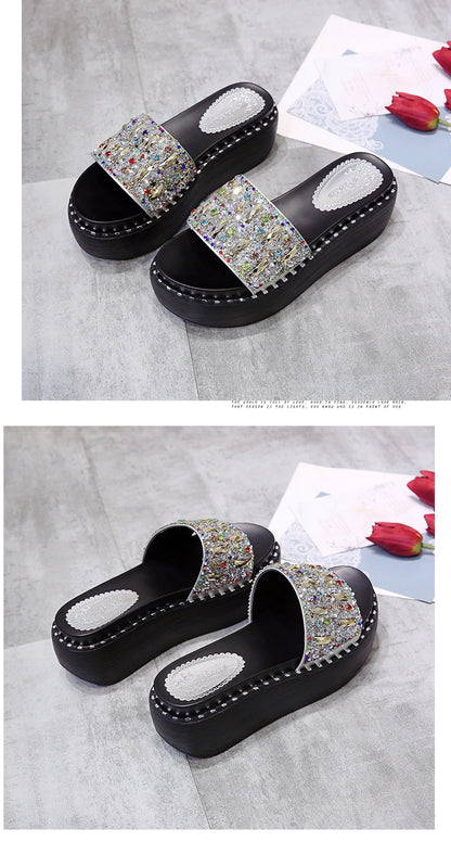 Plate-forme strass sandales pantoufles femmes pierres précieuses diapositives femmes chaussures chaussons compensés chaîne perle plage diapositives chaussures
