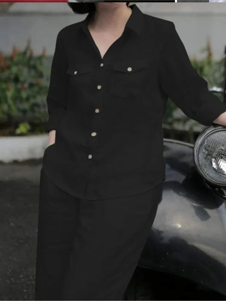 Ensemble chemise et pantalon pour femmes, élégant, col à revers, manches longues, mode automne, tenues, pantalons de travail solides, costumes, survêtement, 2 pièces
