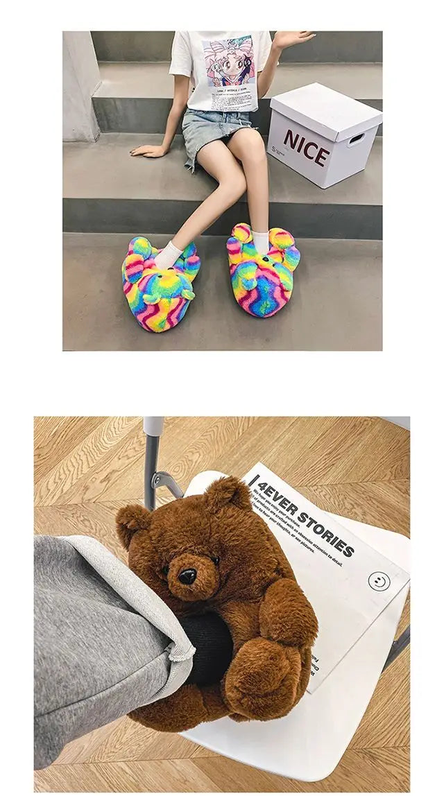 Pantoufles roses en fourrure d'animal à enfiler, chaussures d'ours moelleuses pour la maison, pantoufles d'intérieur chaudes et pelucheuses, tongs de maison, expédition rapide