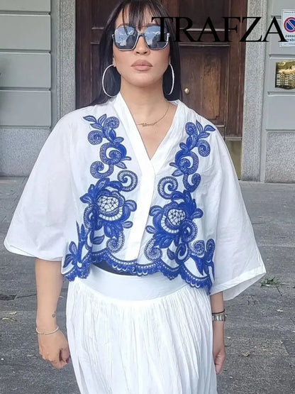 TRAFZA – ensemble 2 pièces pour femmes, chemise ample à simple boutonnage brodée bleue + jupe de rue plissée ample taille haute Chic