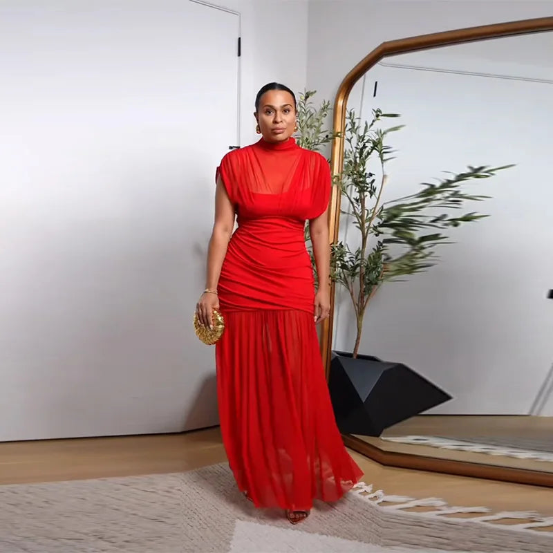 Robe longue de soirée plissée rouge Chic, élégante, manches volantes, maille, Patchwork, Maxi, vacances d'été, plage