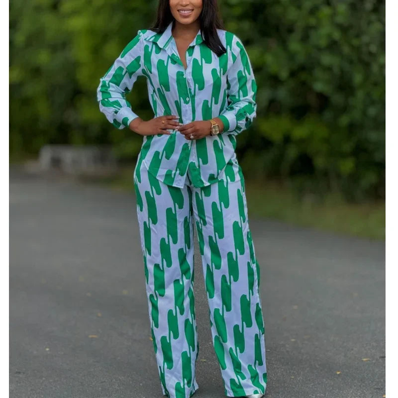 Ensemble deux pièces imprimé à rayures pour femmes, mode africaine, décontracté, boutons, manches longues, chemise, jambes larges, pantalon, printemps automne